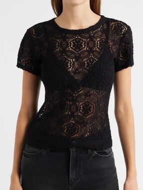 FRAME Black Wool Blend Crewneck The Lace Short Sleeve Tee Crochet Top